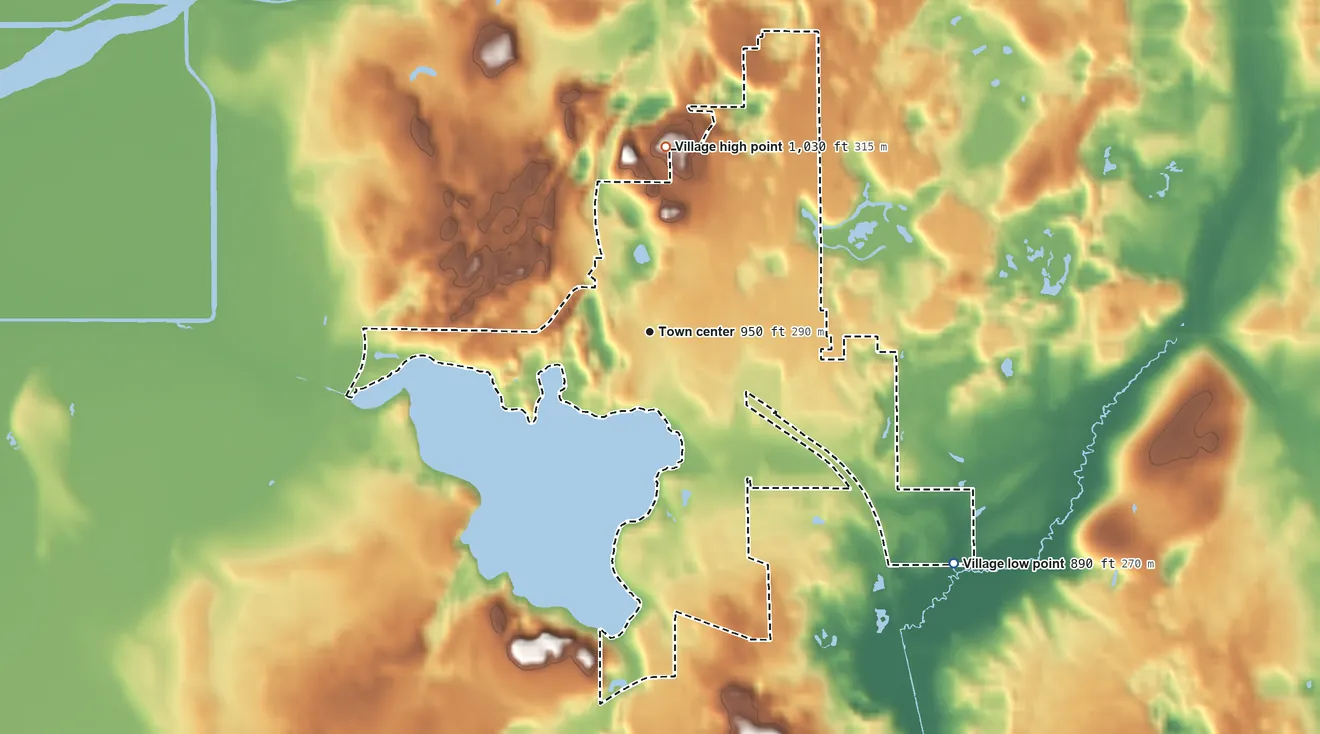 Topographic elevation map of Elkhart Lake, Wisconsin, shaded from 890 ft on the southeast side to 1,030 ft on the north side
