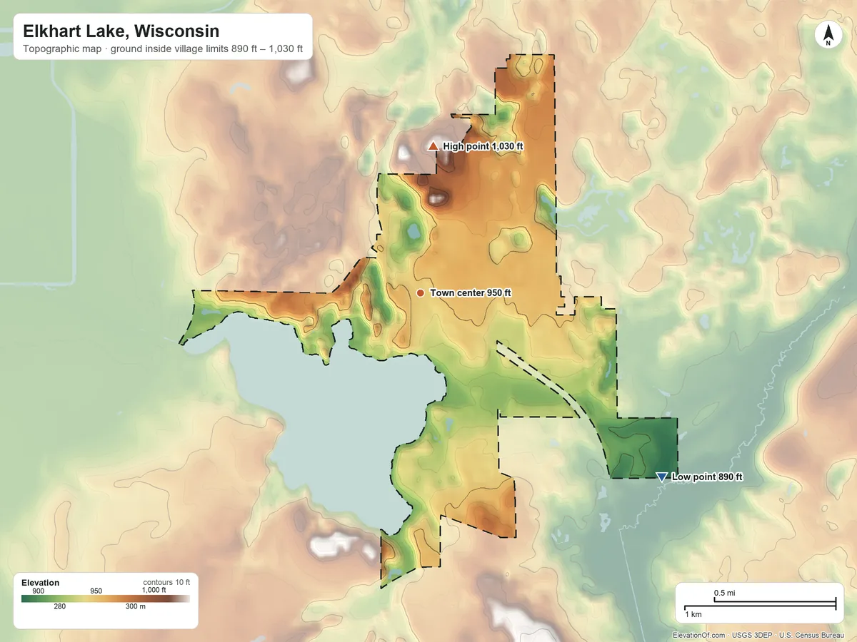 Topographic elevation map of Elkhart Lake, Wisconsin, shaded from 890 ft on the southeast side to 1,030 ft on the north side