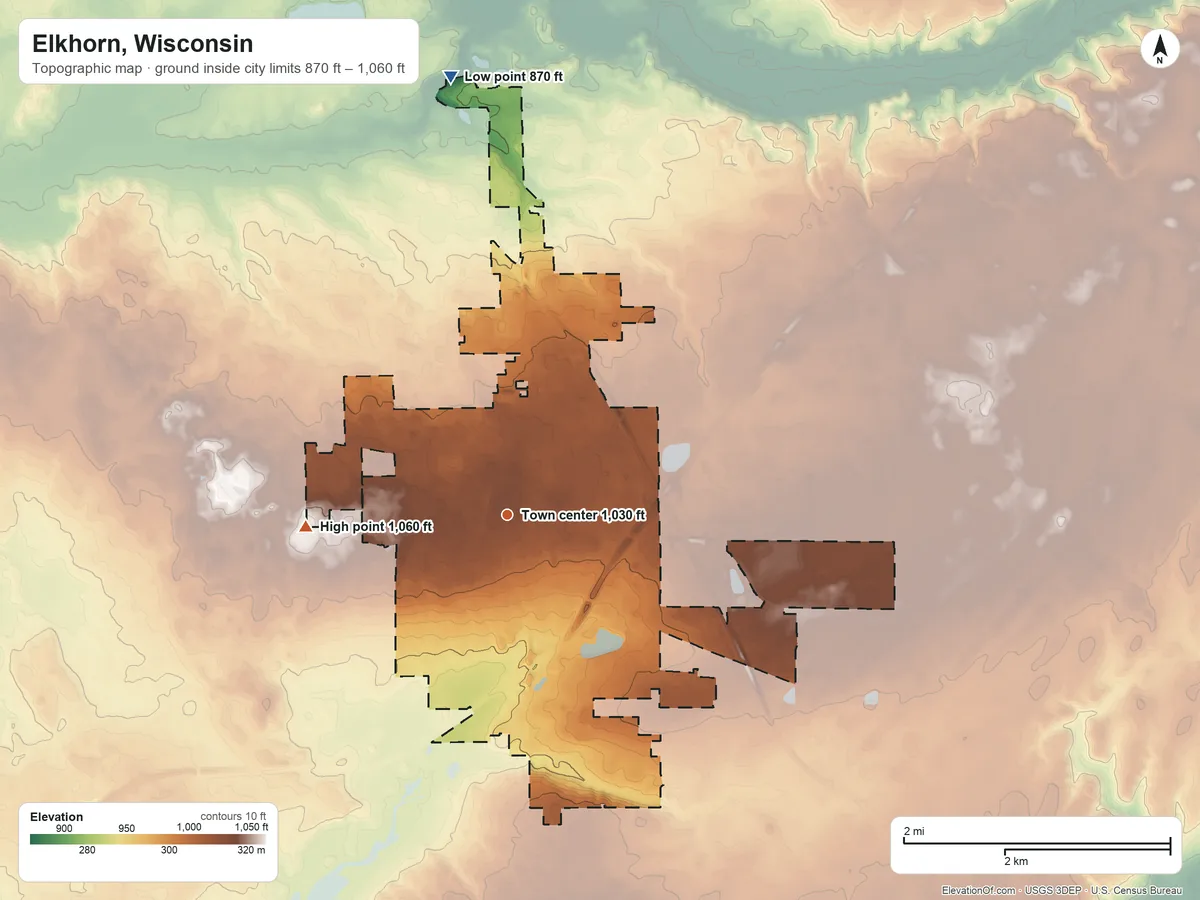 Topographic elevation map of Elkhorn, Wisconsin, shaded from 870 ft on the north side to 1,060 ft on the west side