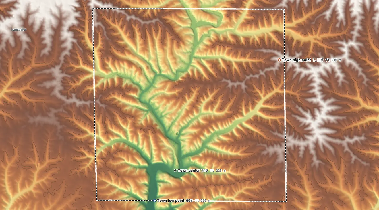 Topographic elevation map of Ellenboro, Wisconsin, shaded from 690 ft on the southwest side to 1,110 ft on the northeast side