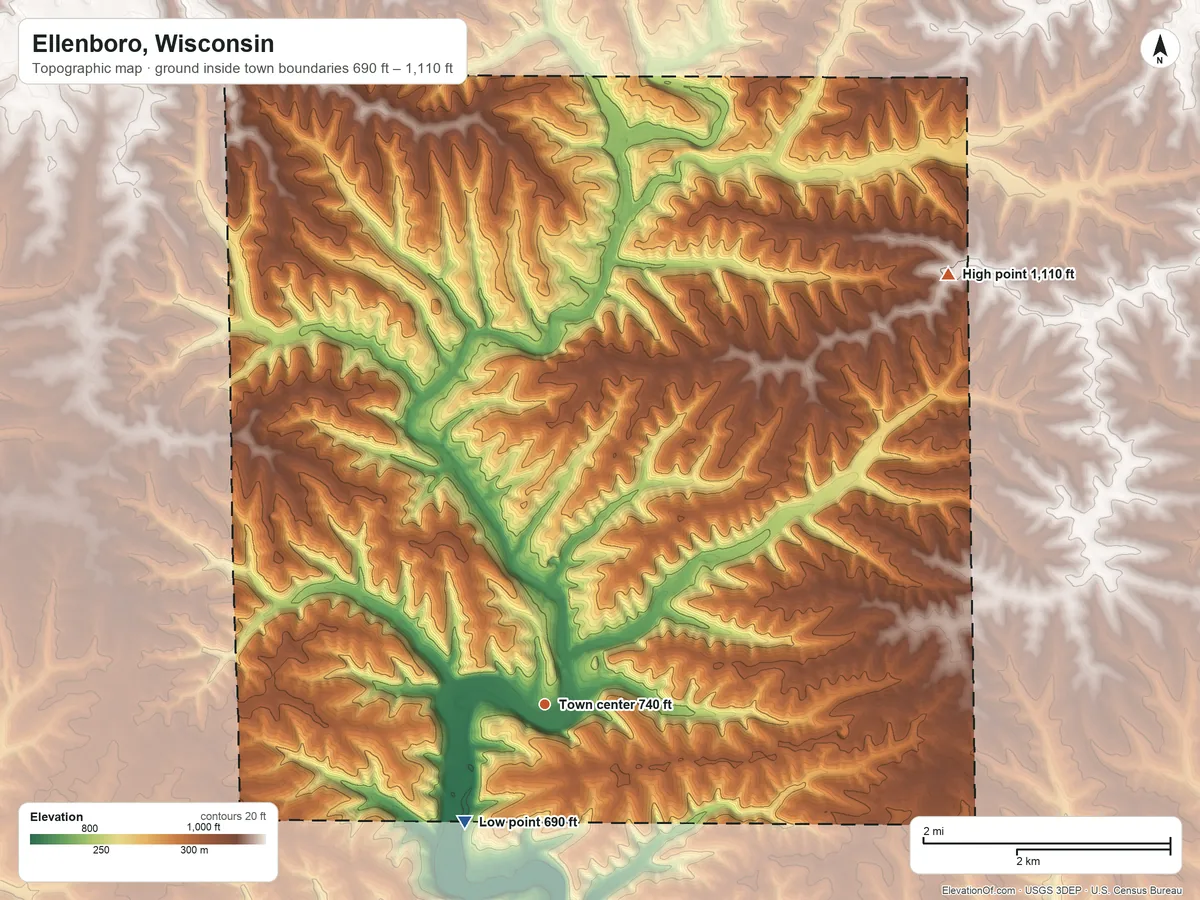 Topographic elevation map of Ellenboro, Wisconsin, shaded from 690 ft on the southwest side to 1,110 ft on the northeast side