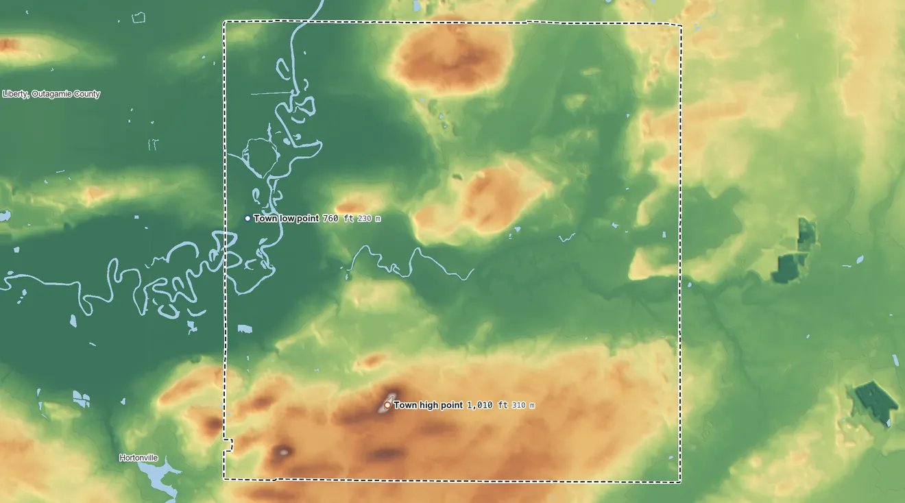 Topographic elevation map of Ellington, Wisconsin, shaded from 760 ft on the west side to 1,010 ft on the south side
