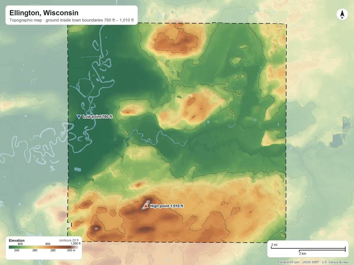Topographic elevation map of Ellington, Wisconsin, shaded from 760 ft on the west side to 1,010 ft on the south side