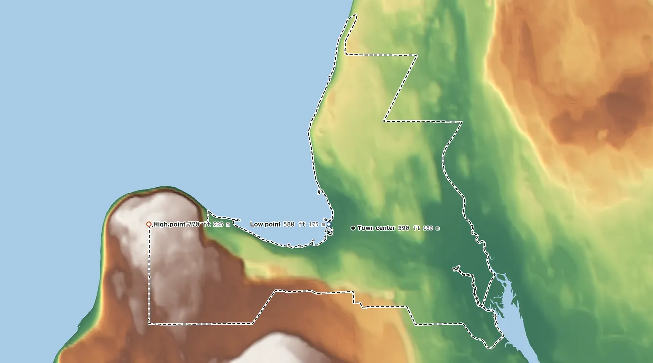 Topographic elevation map of Ellison Bay, Wisconsin, shaded from 580 ft near the middle to 770 ft on the west side