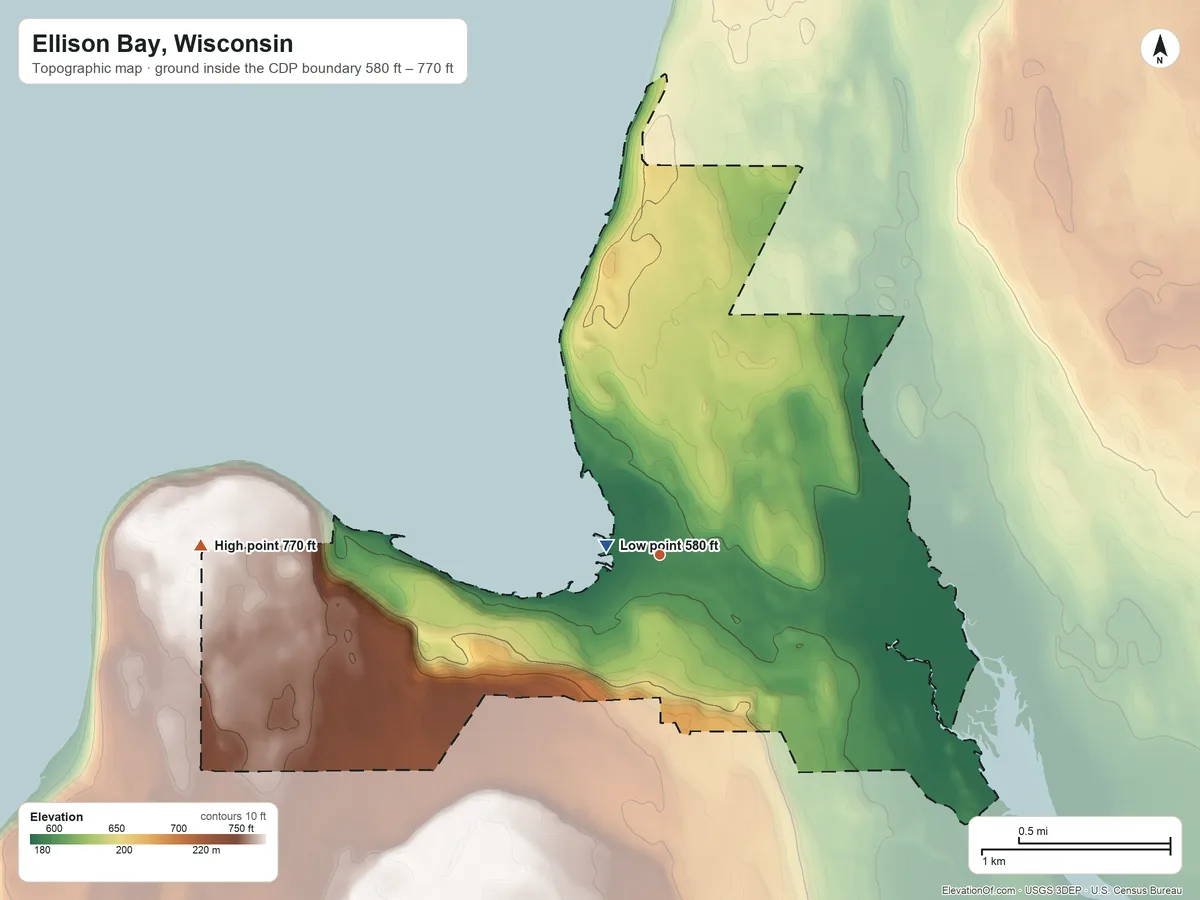 Topographic elevation map of Ellison Bay, Wisconsin, shaded from 580 ft near the middle to 770 ft on the west side