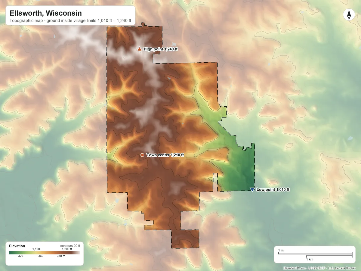 Topographic elevation map of Ellsworth, Wisconsin, shaded from 1,010 ft on the east side to 1,240 ft on the north side