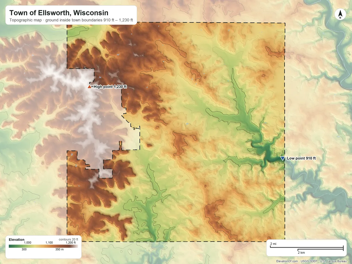 Topographic elevation map of Town of Ellsworth, Wisconsin, shaded from 910 ft on the east side to 1,230 ft on the northwest side