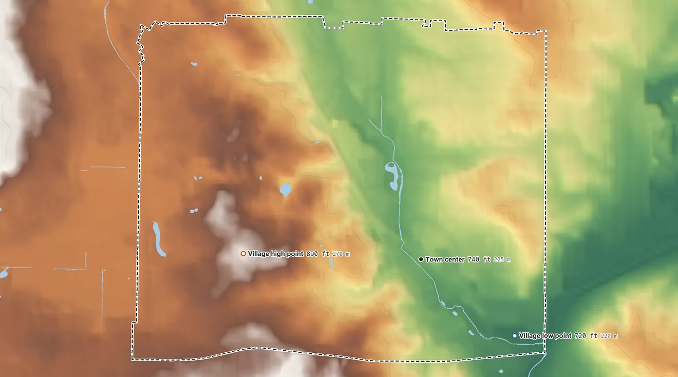 Topographic elevation map of Elm Grove, Wisconsin, shaded from 720 ft on the southeast side to 890 ft on the west side