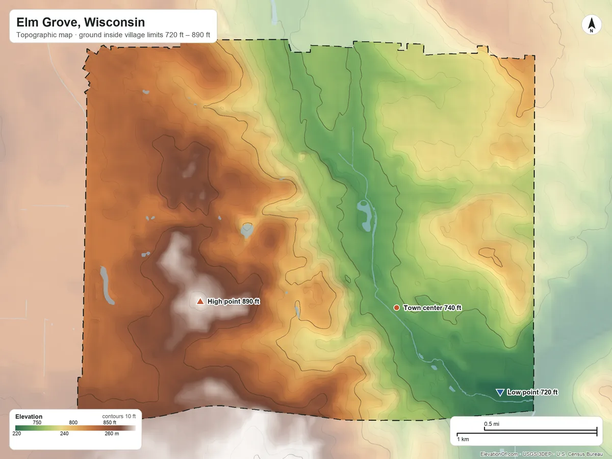 Topographic elevation map of Elm Grove, Wisconsin, shaded from 720 ft on the southeast side to 890 ft on the west side
