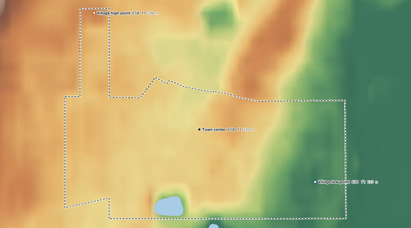 Topographic elevation map of Elmwood Park, Wisconsin, shaded from 630 ft on the southeast side to 650 ft on the northwest side