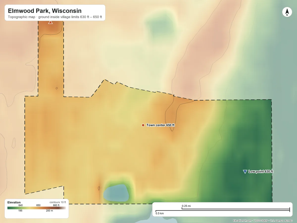 Topographic elevation map of Elmwood Park, Wisconsin, shaded from 630 ft on the southeast side to 650 ft on the northwest side
