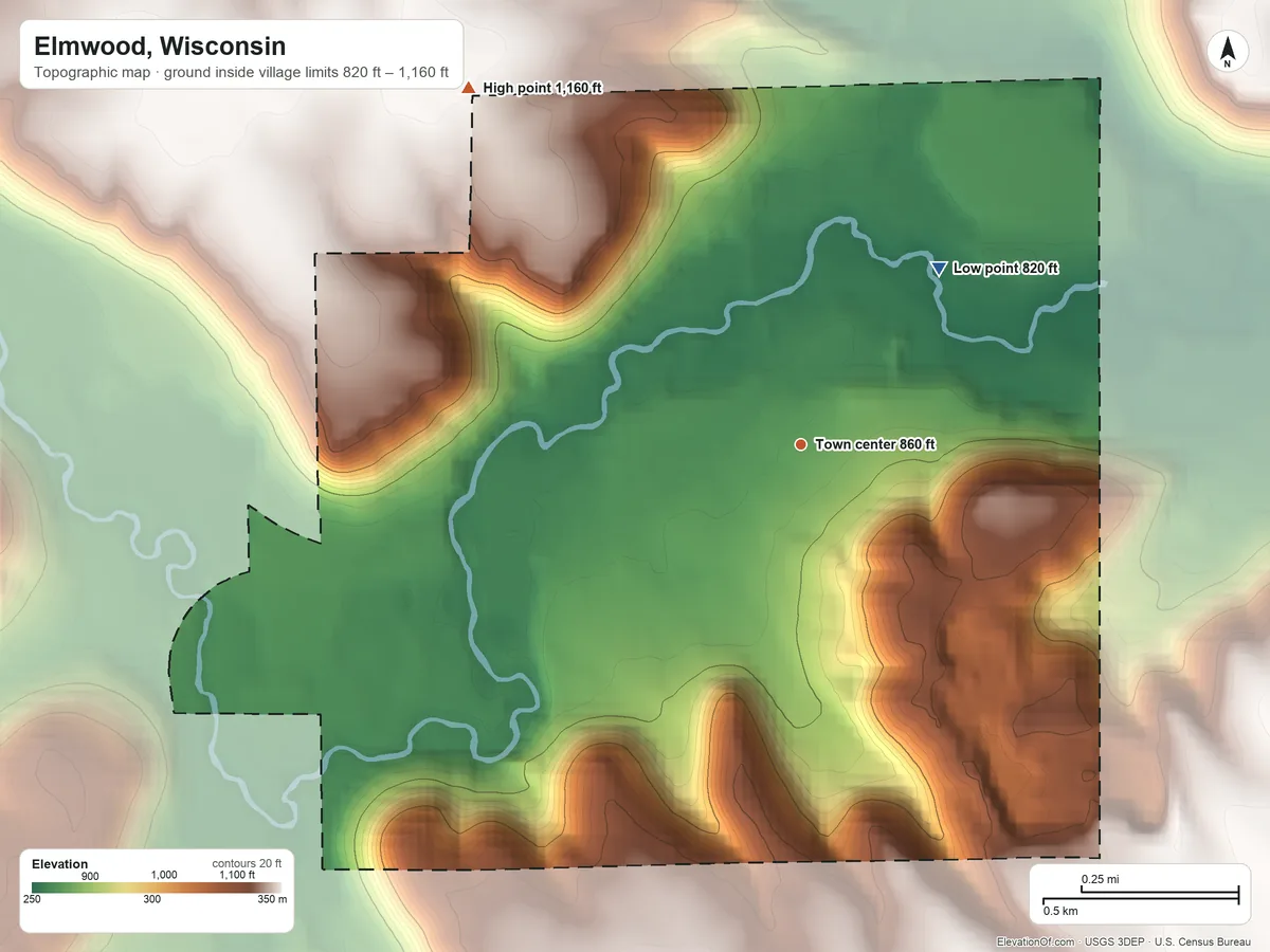 Topographic elevation map of Elmwood, Wisconsin, shaded from 820 ft on the northeast side to 1,160 ft on the northwest side