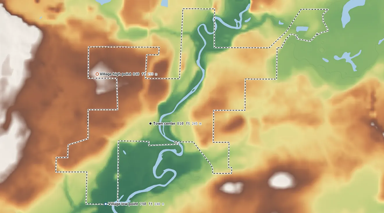 Topographic elevation map of Embarrass, Wisconsin, shaded from 790 ft on the southwest side to 840 ft on the northwest side