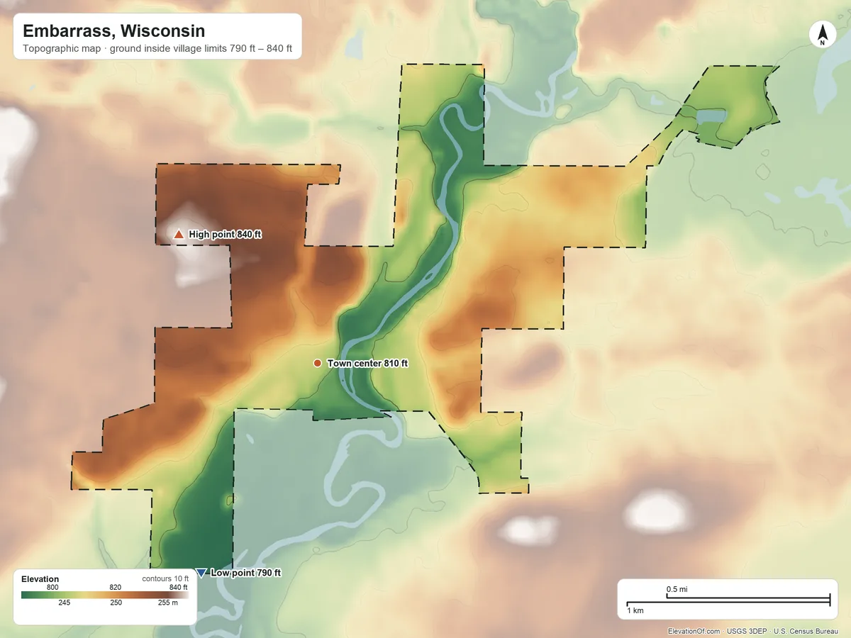 Topographic elevation map of Embarrass, Wisconsin, shaded from 790 ft on the southwest side to 840 ft on the northwest side