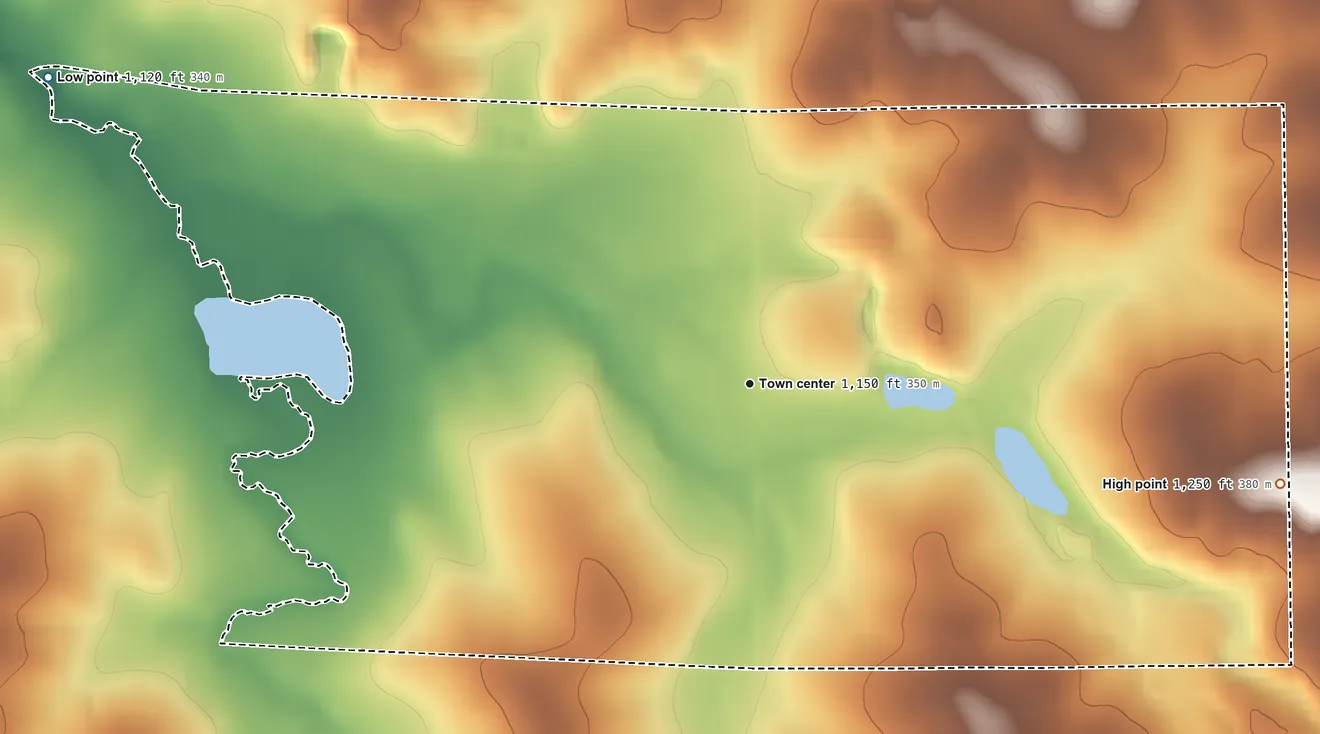 Topographic elevation map of Emerald, St. Croix County, Wisconsin, shaded from 1,120 ft on the northwest side to 1,250 ft on the east side