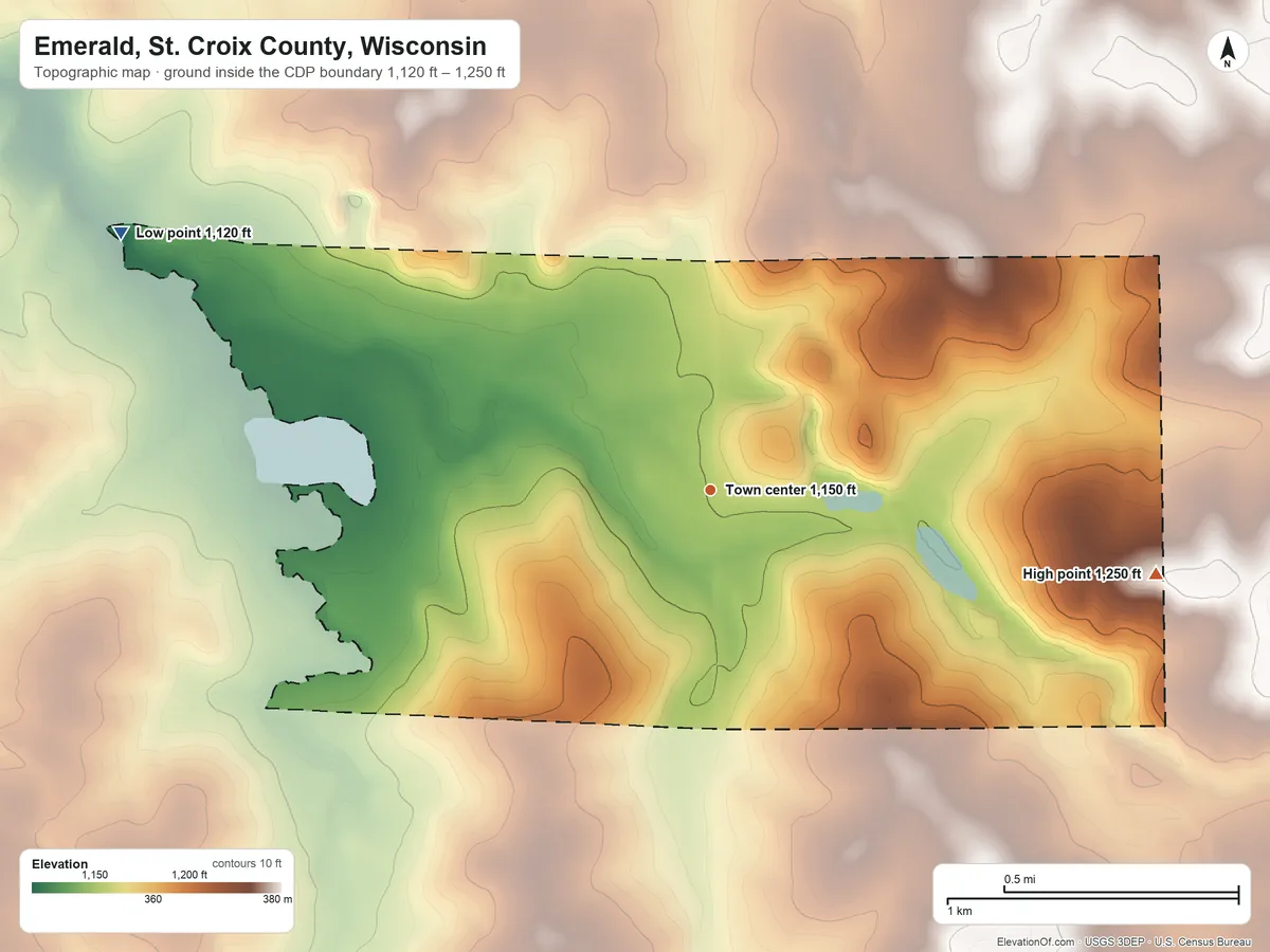 Topographic elevation map of Emerald, St. Croix County, Wisconsin, shaded from 1,120 ft on the northwest side to 1,250 ft on the east side