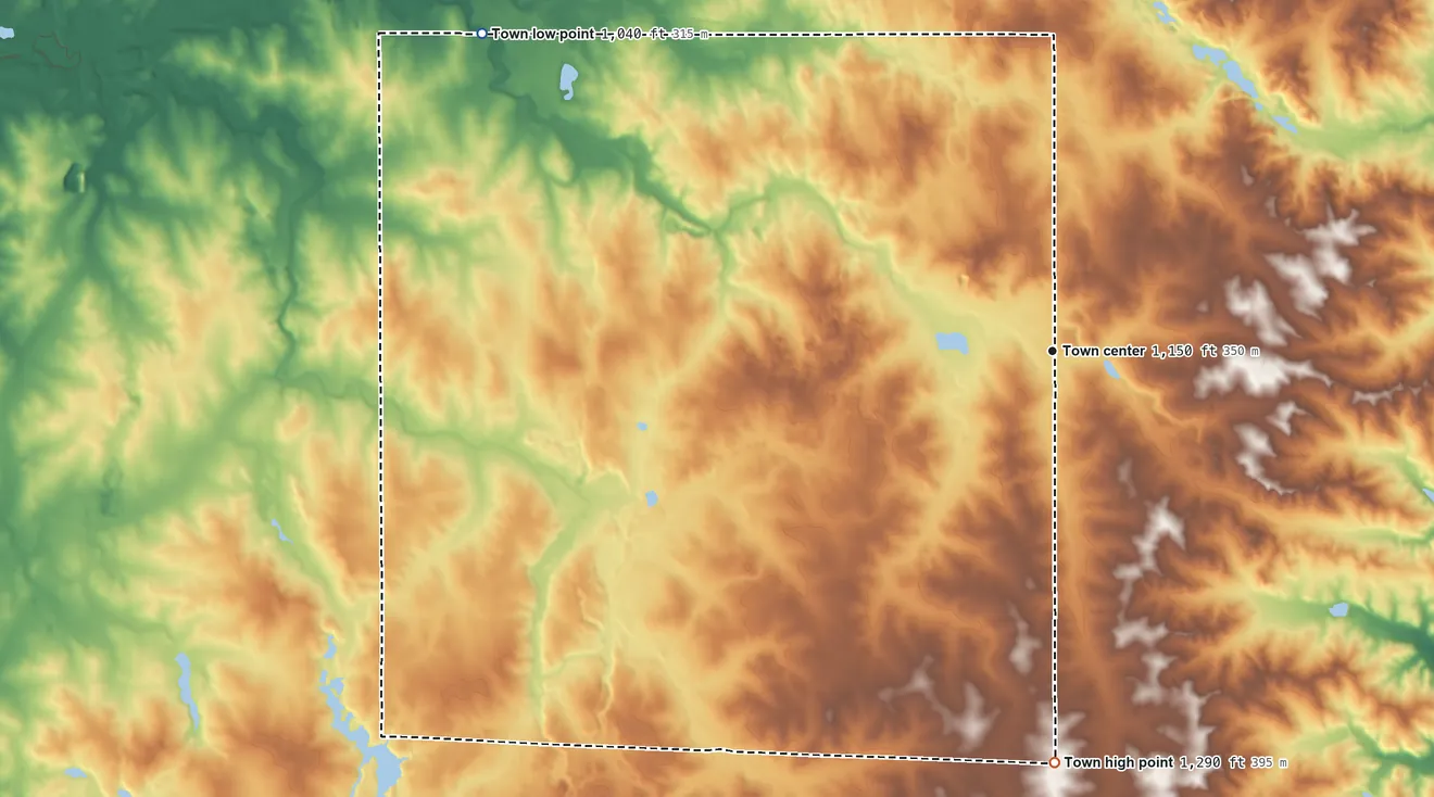 Topographic elevation map of Emerald, Wisconsin, shaded from 1,040 ft on the northwest side to 1,290 ft on the south side