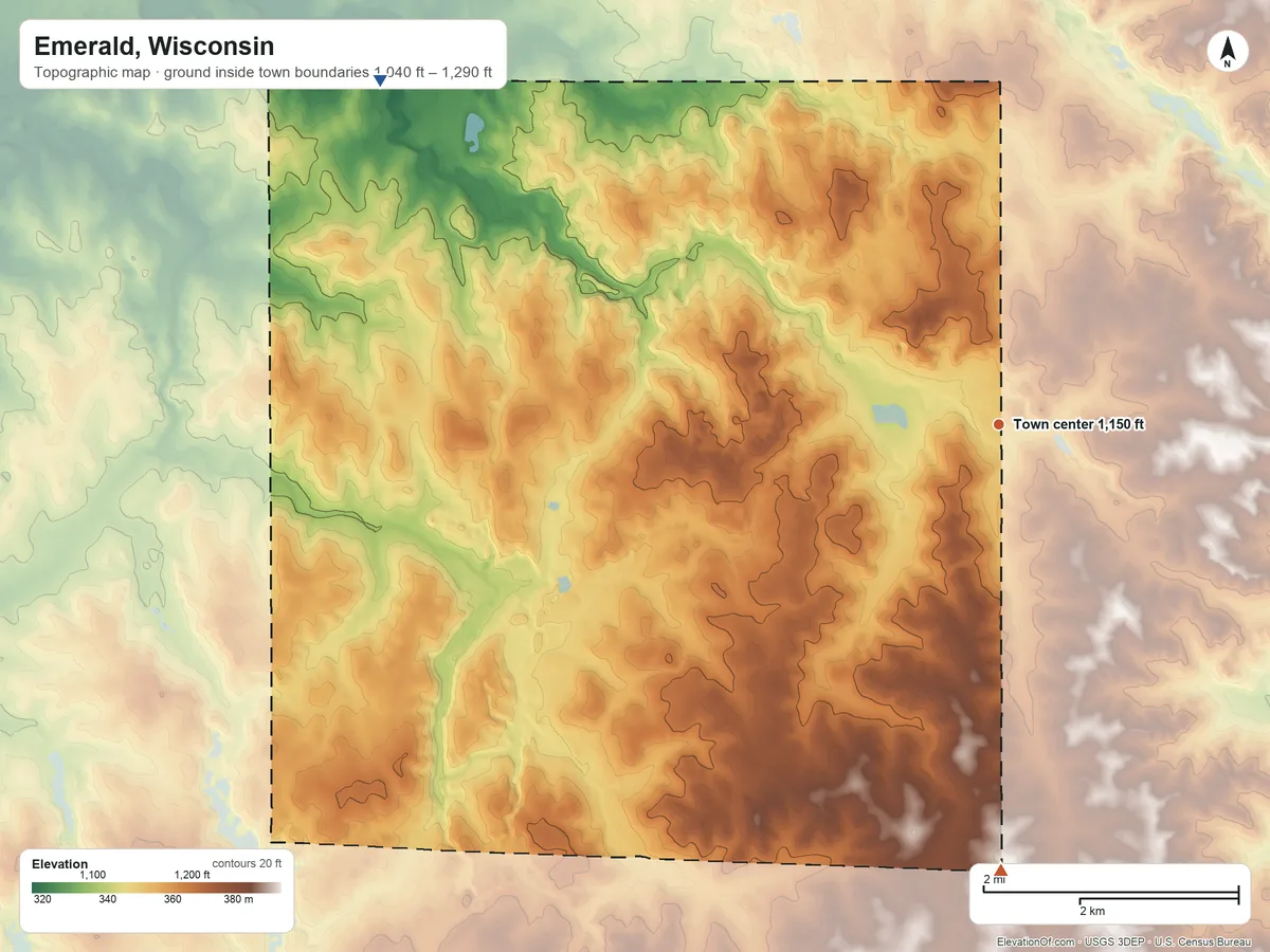 Topographic elevation map of Emerald, Wisconsin, shaded from 1,040 ft on the northwest side to 1,290 ft on the south side