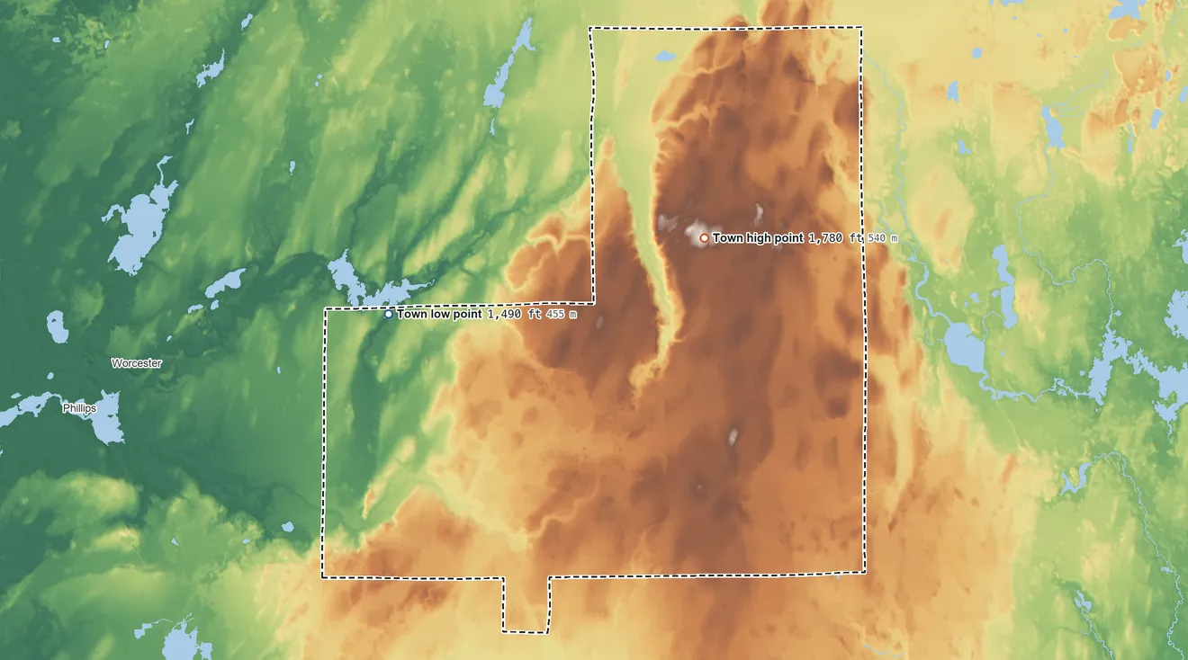 Topographic elevation map of Emery, Wisconsin, shaded from 1,490 ft on the northwest side to 1,780 ft on the northeast side