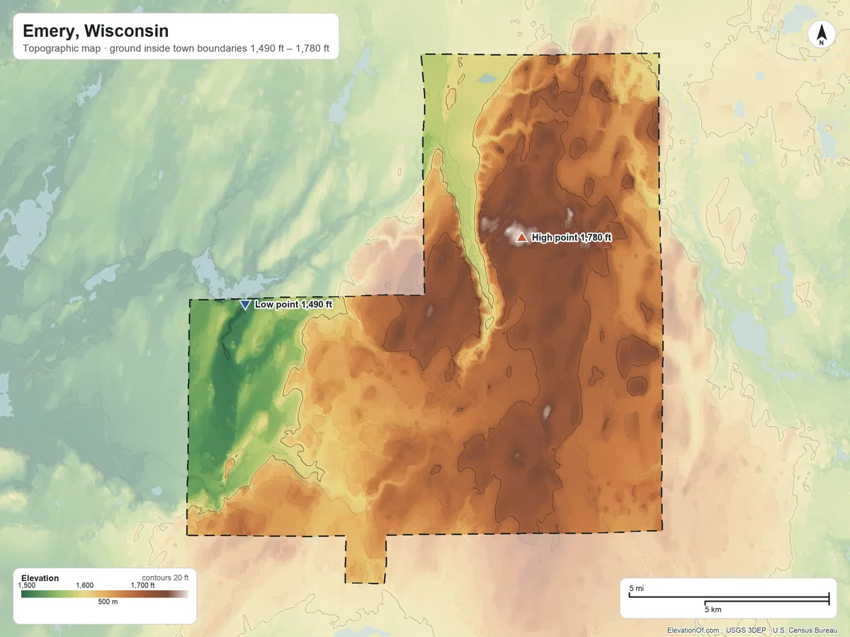 Topographic elevation map of Emery, Wisconsin, shaded from 1,490 ft on the northwest side to 1,780 ft on the northeast side