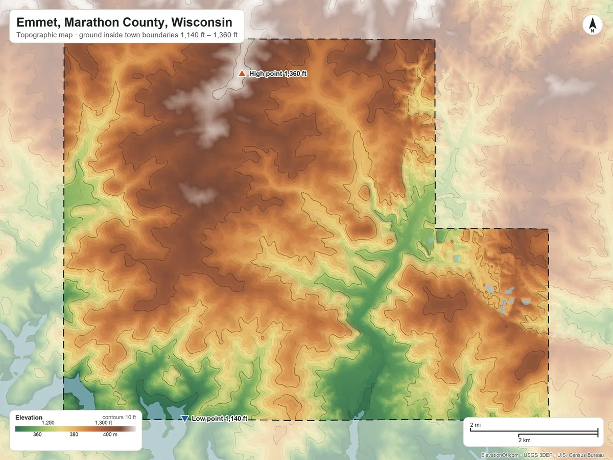Topographic elevation map of Emmet, Marathon County, Wisconsin, shaded from 1,140 ft on the south side to 1,360 ft on the north side