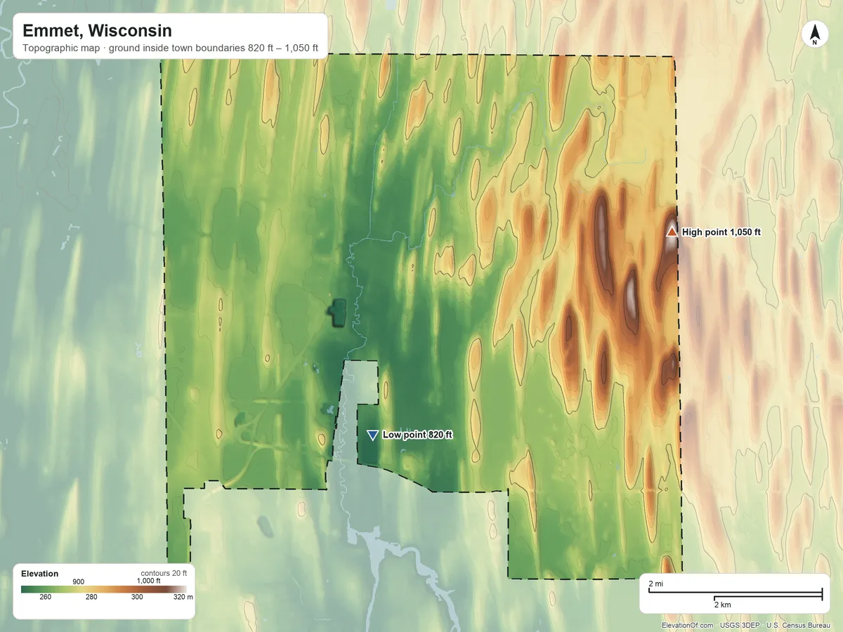 Topographic elevation map of Emmet, Wisconsin, shaded from 820 ft on the southwest side to 1,050 ft on the northeast side