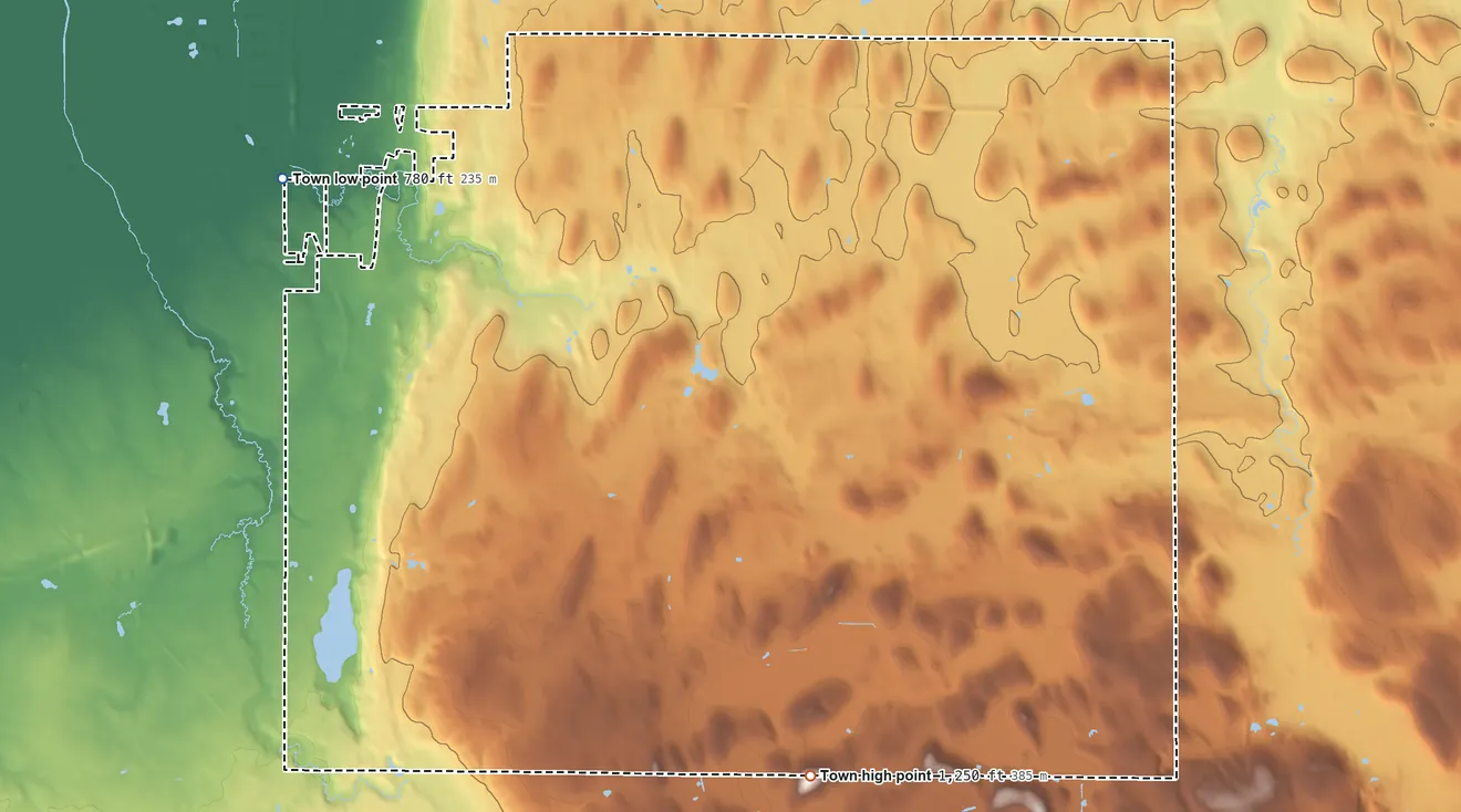 Topographic elevation map of Empire, Wisconsin, shaded from 780 ft on the northwest side to 1,250 ft on the southeast side