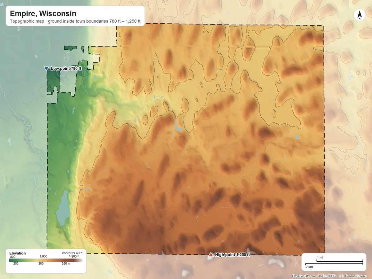 Topographic elevation map of Empire, Wisconsin, shaded from 780 ft on the northwest side to 1,250 ft on the southeast side