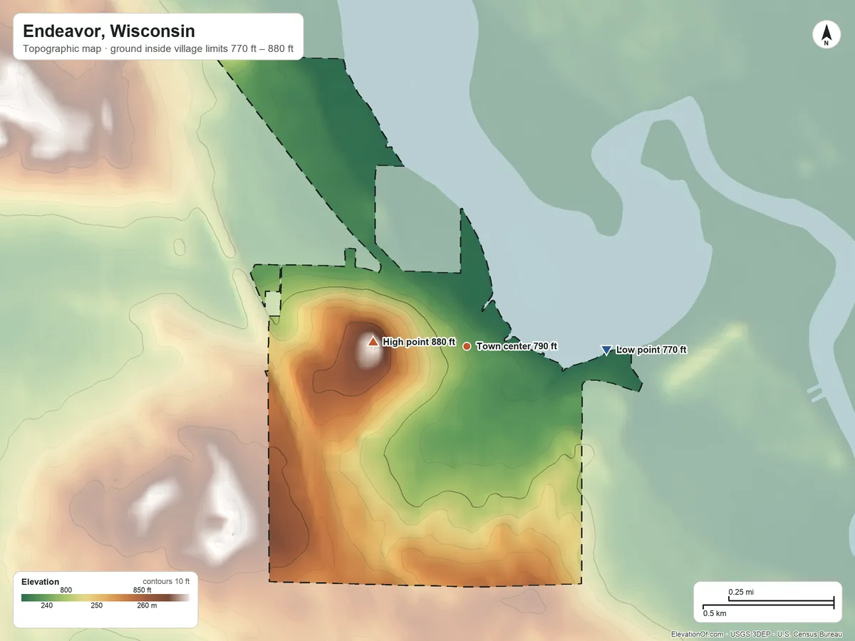 Topographic elevation map of Endeavor, Wisconsin, shaded from 770 ft on the east side to 880 ft on the west side