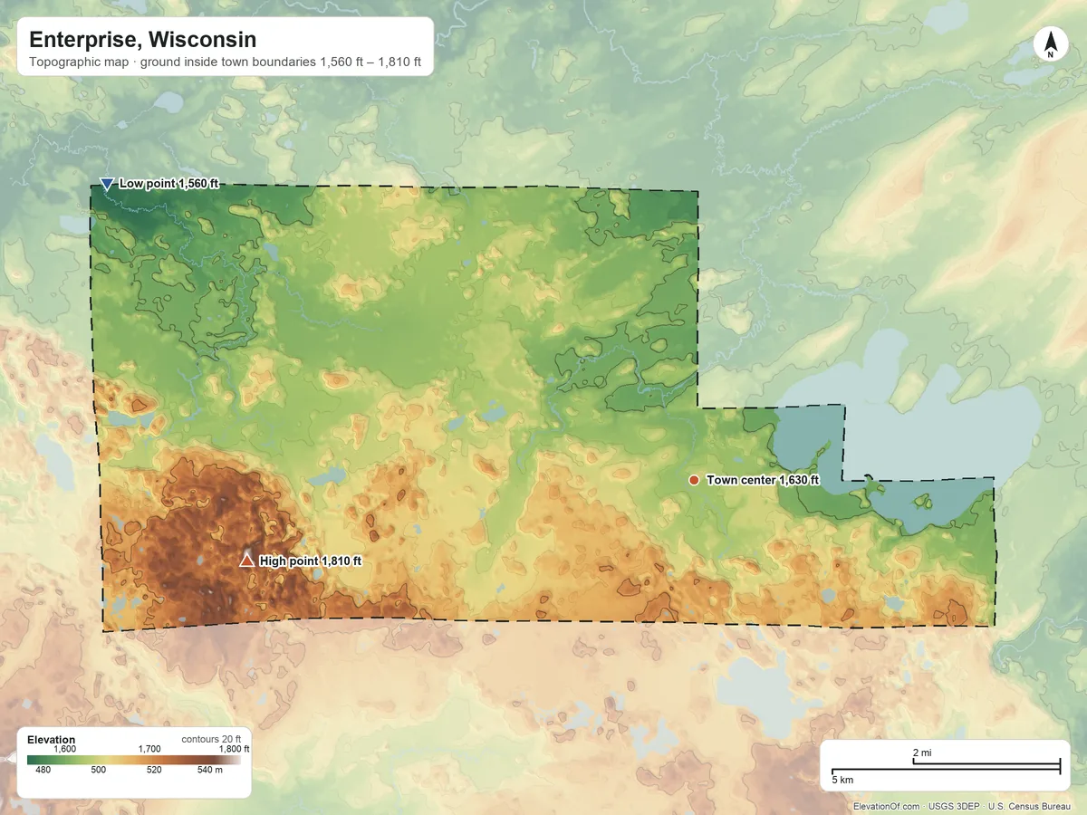 Topographic elevation map of Enterprise, Wisconsin, shaded from 1,560 ft on the northwest side to 1,810 ft on the west side