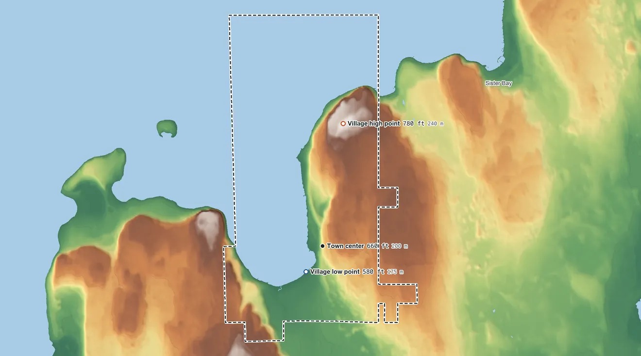 Topographic elevation map of Ephraim, Wisconsin, shaded from 580 ft near the middle to 780 ft on the north side