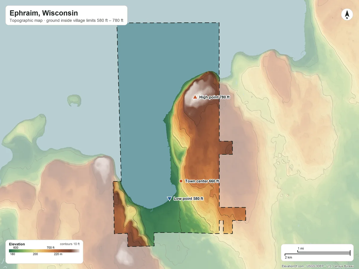 Topographic elevation map of Ephraim, Wisconsin, shaded from 580 ft near the middle to 780 ft on the north side