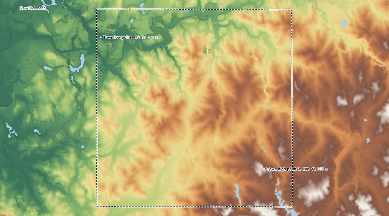 Topographic elevation map of Erin Prairie, Wisconsin, shaded from 970 ft on the northwest side to 1,200 ft on the southeast side