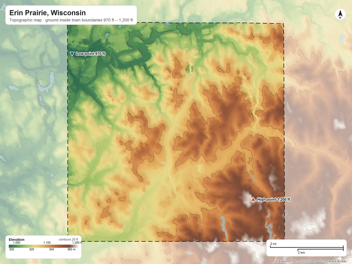 Topographic elevation map of Erin Prairie, Wisconsin, shaded from 970 ft on the northwest side to 1,200 ft on the southeast side