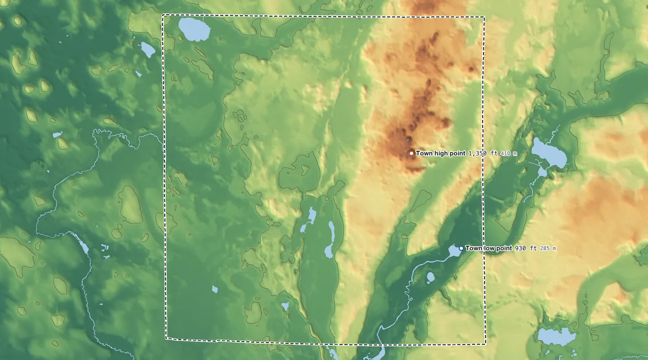 Topographic elevation map of Erin, Wisconsin, shaded from 930 ft on the southeast side to 1,350 ft on Holy Hill