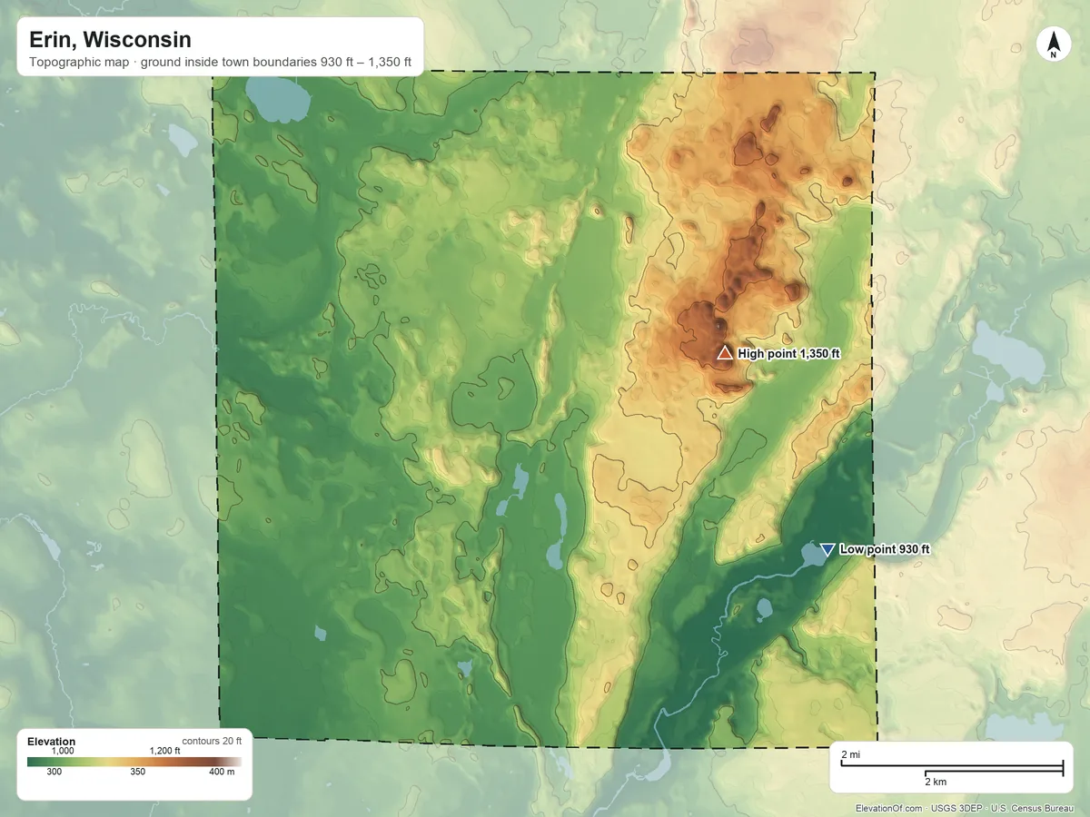 Topographic elevation map of Erin, Wisconsin, shaded from 930 ft on the southeast side to 1,350 ft on Holy Hill