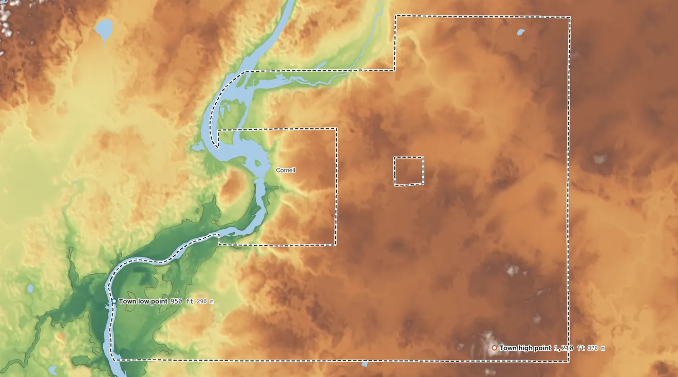 Topographic elevation map of Estella, Wisconsin, shaded from 950 ft on the west side to 1,210 ft on the southeast side