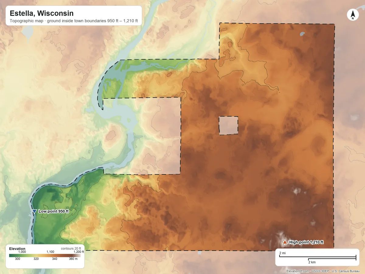 Topographic elevation map of Estella, Wisconsin, shaded from 950 ft on the west side to 1,210 ft on the southeast side