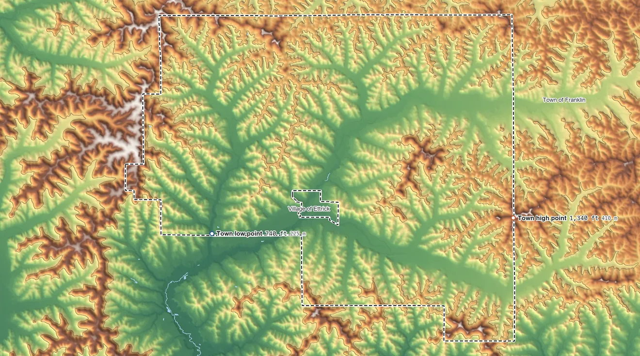 Topographic elevation map of Ettrick, Wisconsin, shaded from 740 ft on the southwest side to 1,340 ft on the east side