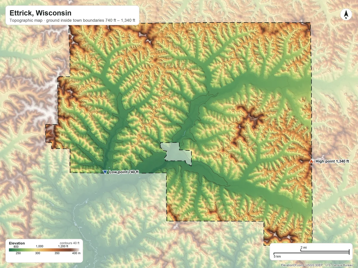 Topographic elevation map of Ettrick, Wisconsin, shaded from 740 ft on the southwest side to 1,340 ft on the east side