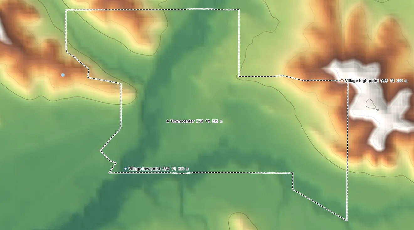 Topographic elevation map of Village of Ettrick, Wisconsin, shaded from 750 ft on the southwest side to 950 ft on the east side