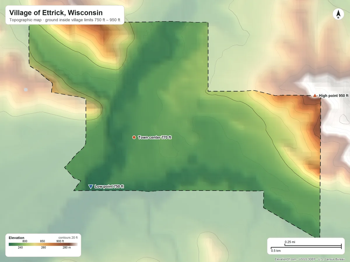 Topographic elevation map of Village of Ettrick, Wisconsin, shaded from 750 ft on the southwest side to 950 ft on the east side