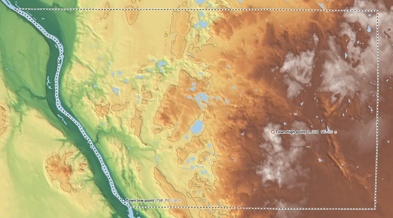 Topographic elevation map of Eureka, Wisconsin, shaded from 750 ft on the southwest side to 1,320 ft on the southeast side