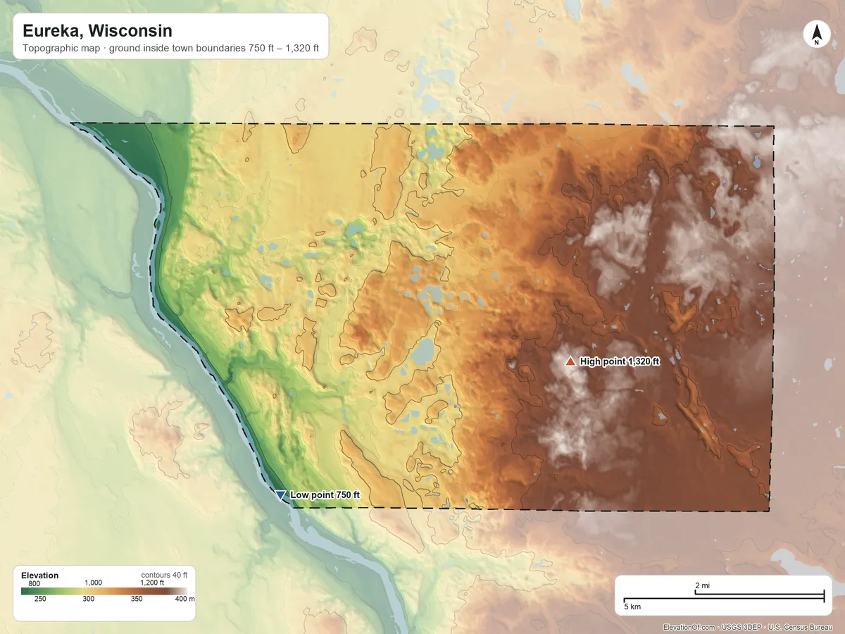 Topographic elevation map of Eureka, Wisconsin, shaded from 750 ft on the southwest side to 1,320 ft on the southeast side