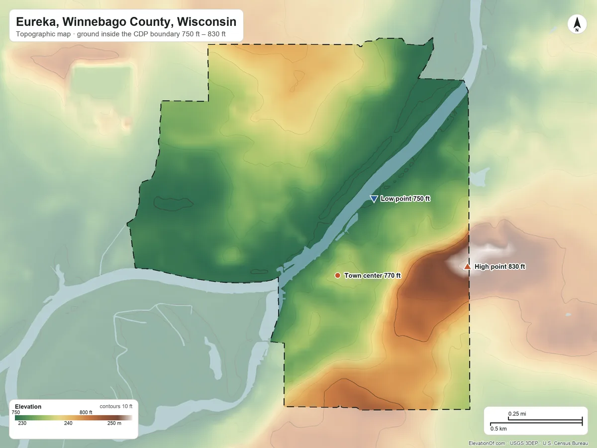 Topographic elevation map of Eureka, Winnebago County, Wisconsin, shaded from 750 ft on the northeast side to 830 ft on the east side