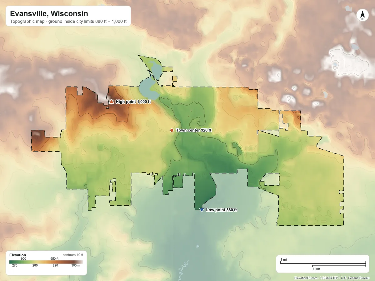 Topographic elevation map of Evansville, Wisconsin, shaded from 880 ft on the south side to 1,000 ft on the northwest side