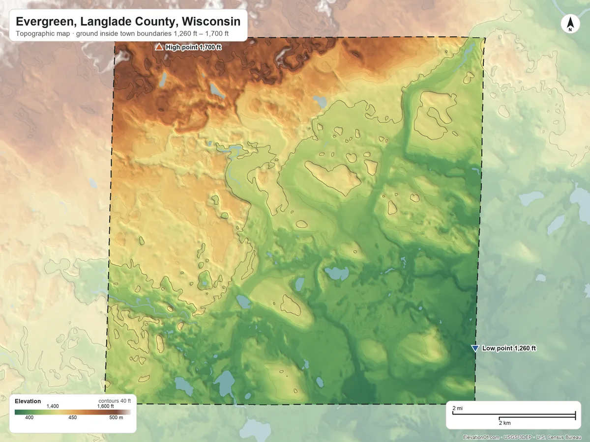 Topographic elevation map of Evergreen, Langlade County, Wisconsin, shaded from 1,260 ft on the southeast side to 1,700 ft on the northwest side