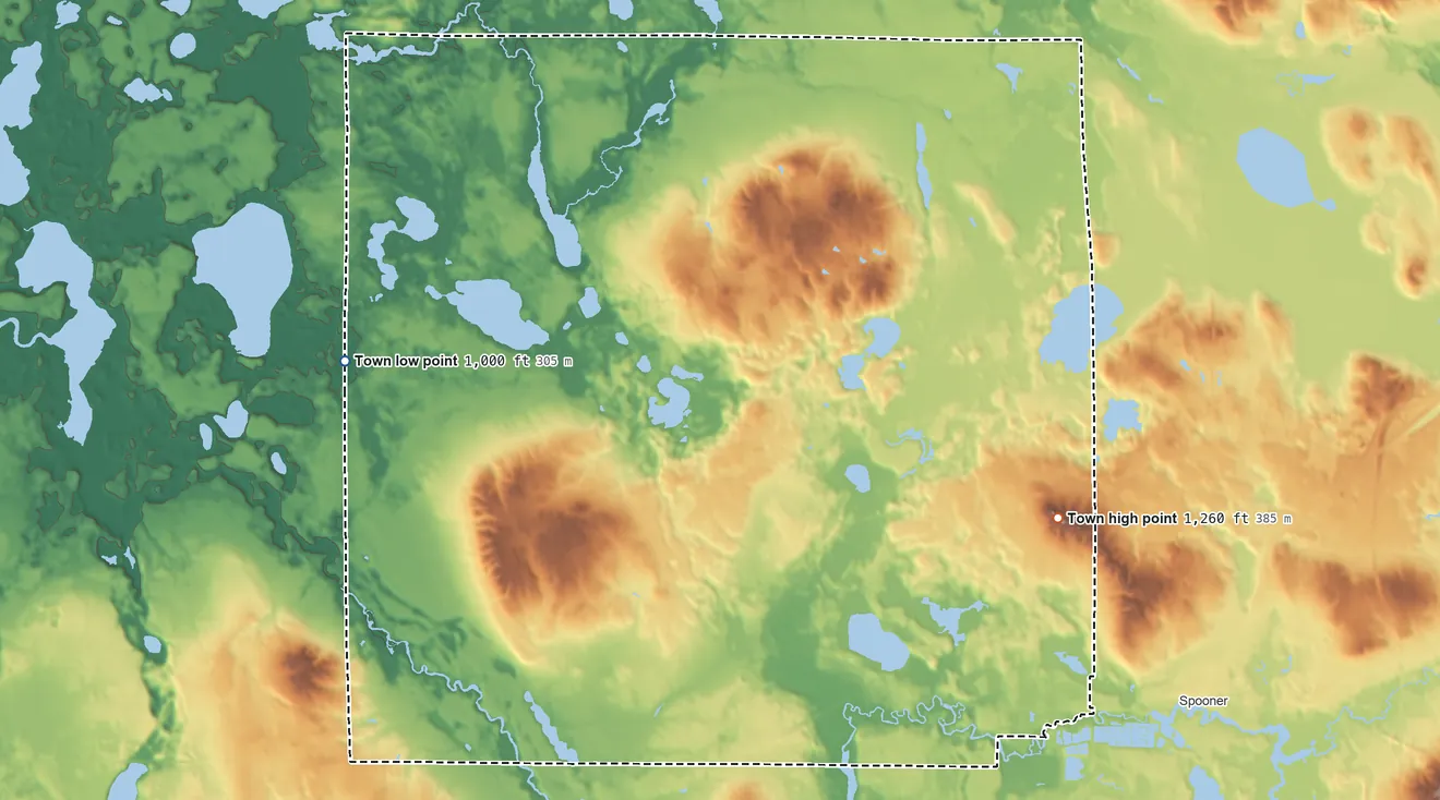 Topographic elevation map of Evergreen, Wisconsin, shaded from 1,000 ft on the west side to 1,260 ft on the east side