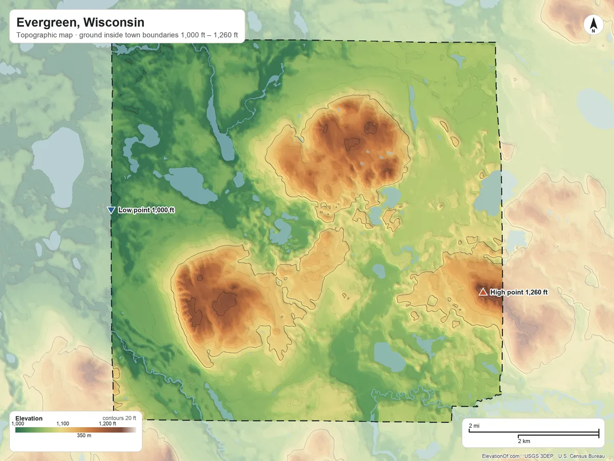 Topographic elevation map of Evergreen, Wisconsin, shaded from 1,000 ft on the west side to 1,260 ft on the east side