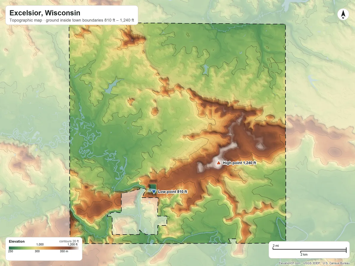 Topographic elevation map of Excelsior, Wisconsin, shaded from 810 ft on the south side to 1,240 ft on the southeast side